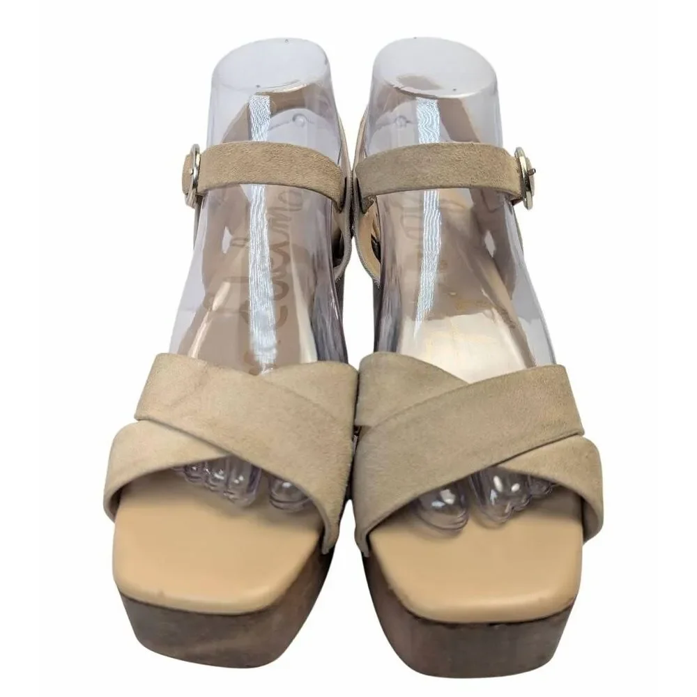 Sam Edelman Josefine beige nude suede strappy wood platform sandals womens 8